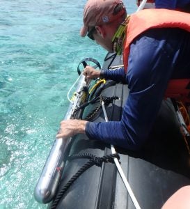 Student deploys side scan sonar in Tanapag Lagoon, Saipan.